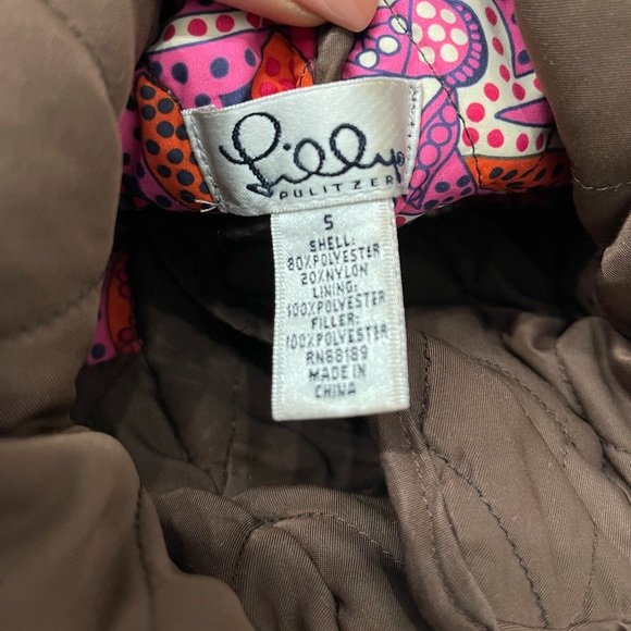 LILLY PULITZER Brown Quilted Lined Jacket Coat Printed Flip cuffs - Picture 6 of 6